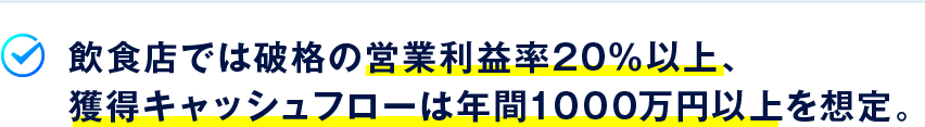 飲食店では破格の営業利益率20％以上、獲得キャッシュフローは年間1000万円以上を想定。